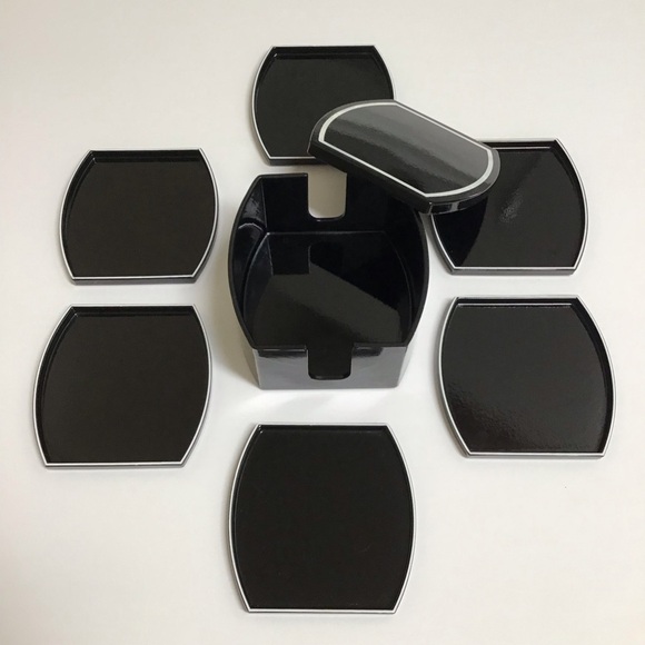 Mid Century Benjamin & Medwin Black Laquerware Coaster SET OF 6 Boxed Bar Japan - Picture 5 of 14